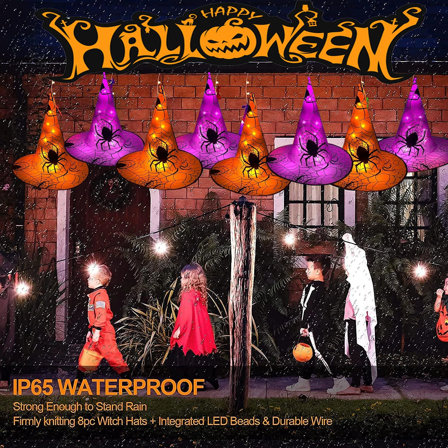 8/16Pcs Halloween Hanging Witch Hats String light Glowing Wizard Hats Outdoor Decoration Waterproof with Remote for Party Decor