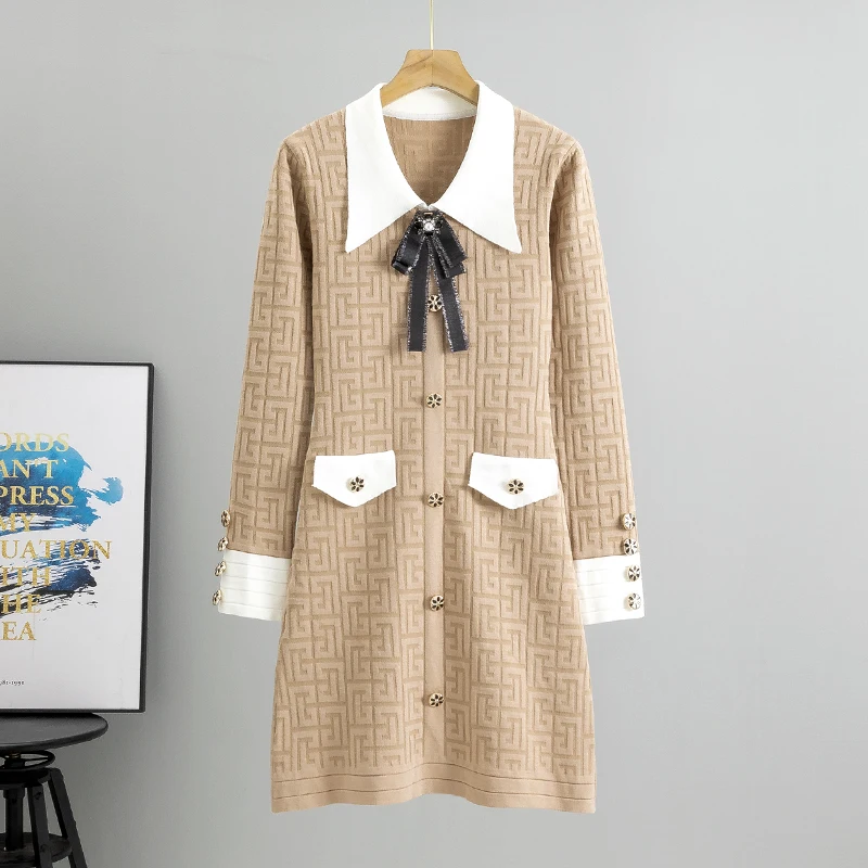 2024 Spring New Dress Women Sweet Cute Slim A Line Midi Dress Korean Long Sleeve One Piece Knit Dress