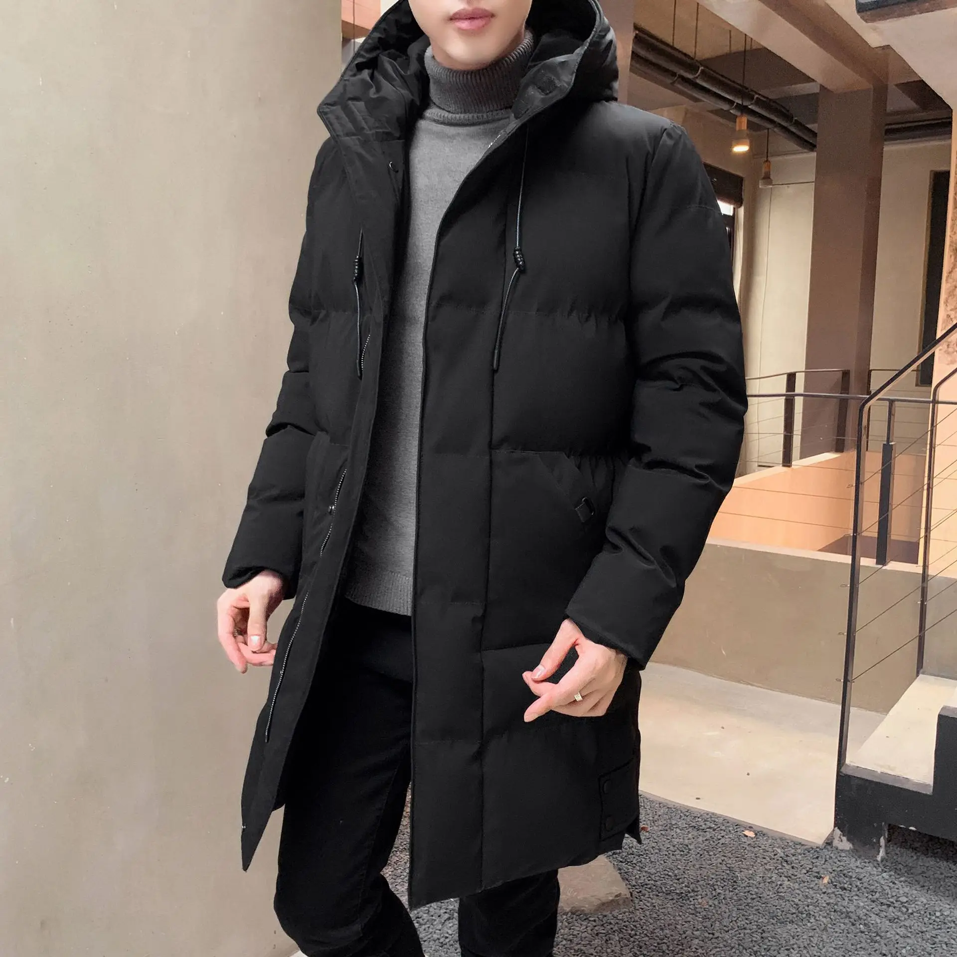 

Man Jacket Winter Thicken Cold-proof Long Sleeve Male Outerwear Simple Windproof Loose Mid Length Hooded Men Down Coat