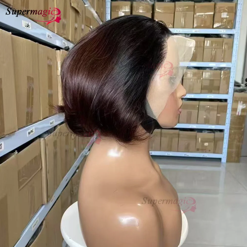 باروكة مزدوجة مسحوبة بلون الشوكولاتة بدون صمغ، شعر بشري جاهز للارتداء، طبقة بنية كراميل برازيلية، مقطوعة بشكل مستقيم، دانتيل مسبق القطع