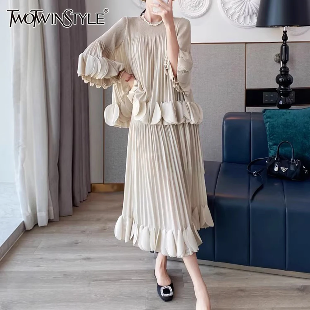 

TWOTWINSTYLE Solid Spliced Ruffles Two Piece Set for Women O Neck Long Sleeve Top High Waist Skirt Sets Female Fashion