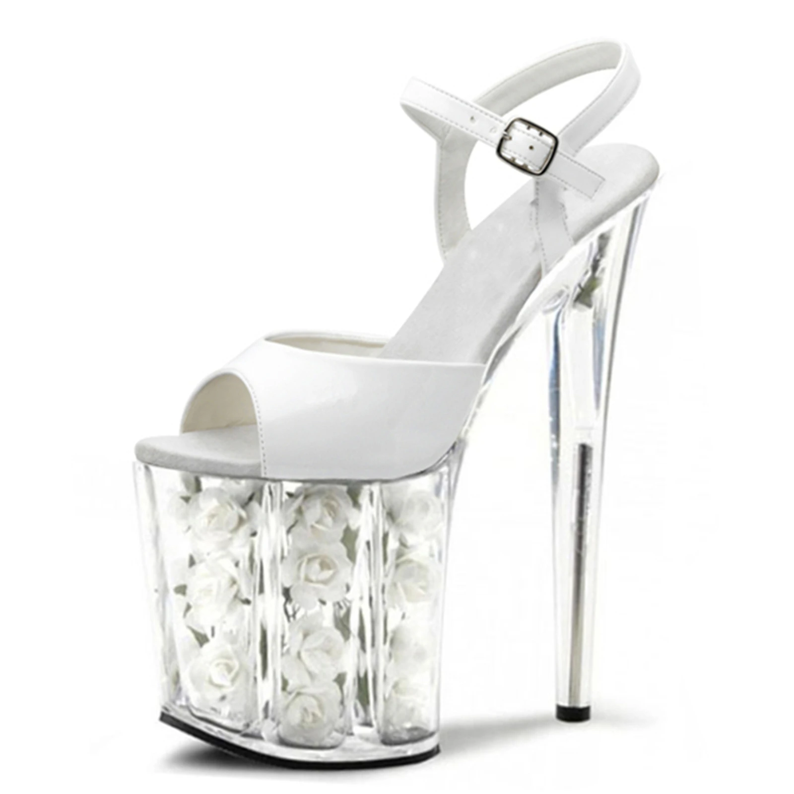 20CM Rose Heel Wedding Shoes Red, Crystal Platform Sandals with Fresh Flowers in Transparent Sole & Peep-Toe, Bridal Height Incr