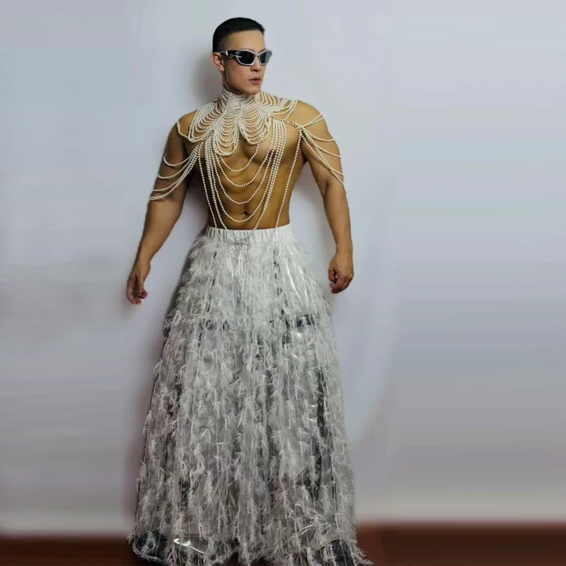 بار DJ لعب الأدوار ملابس للحفلات مثير القطب الرقص الدعاوى الرجال جوجو زي المرحلة الهذيان الزي اللؤلؤ أعلى ريشة تنورة XS10696 #3