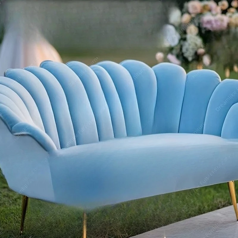 Elegant three-seater bed with gold metal frame fabric for living room restaurant hotel or party in a lazy style