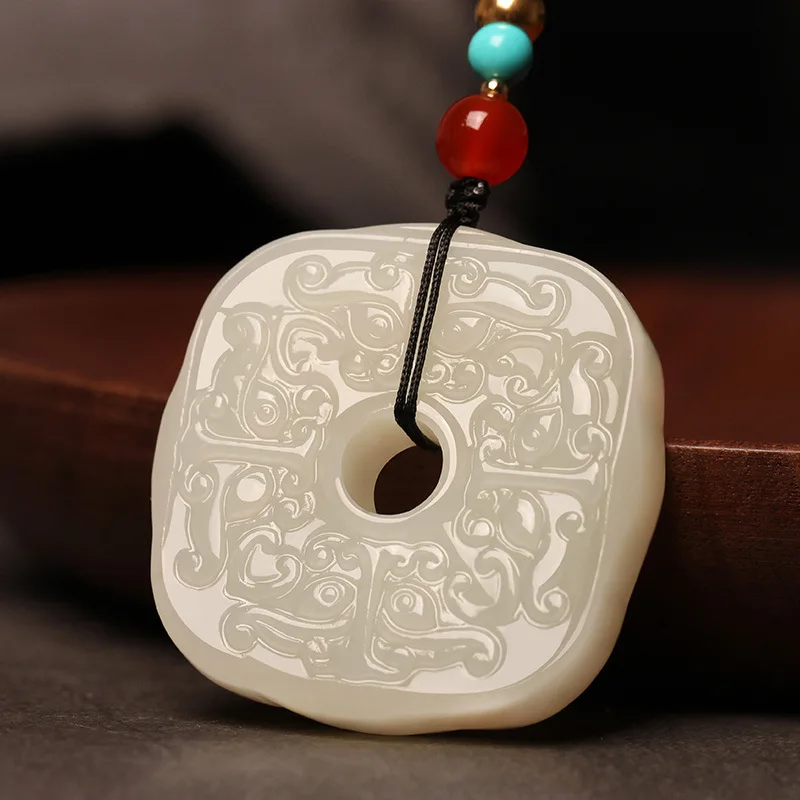 Hetian Square Divine Pendant Necklace Men Women, Jade Amulet And Peace