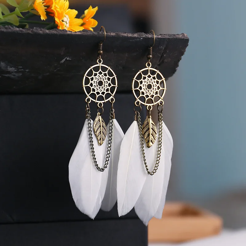 Bohemian Ethnic Dream Catcher Feather Long Earrings For Women Vintage Hollow Geometric Round Leaf Chain Drop Dangle Earrings