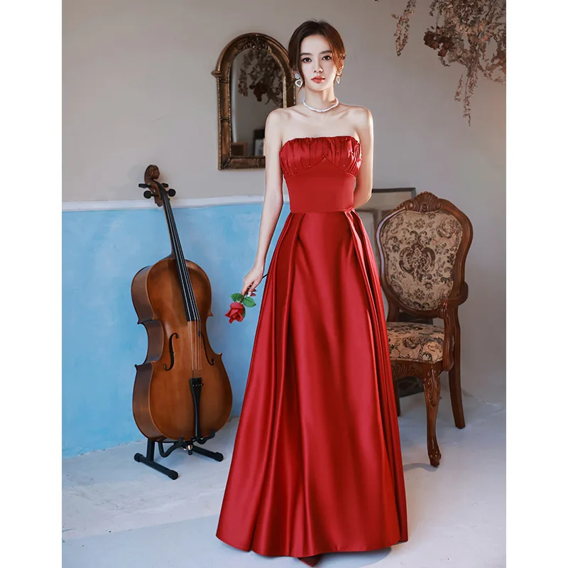 

Wine Red Strapless Beading Satin Evening Dress Sexy Luxurious Pleated A-line Ball Gown 2024 New Elegant backless Women's Gown