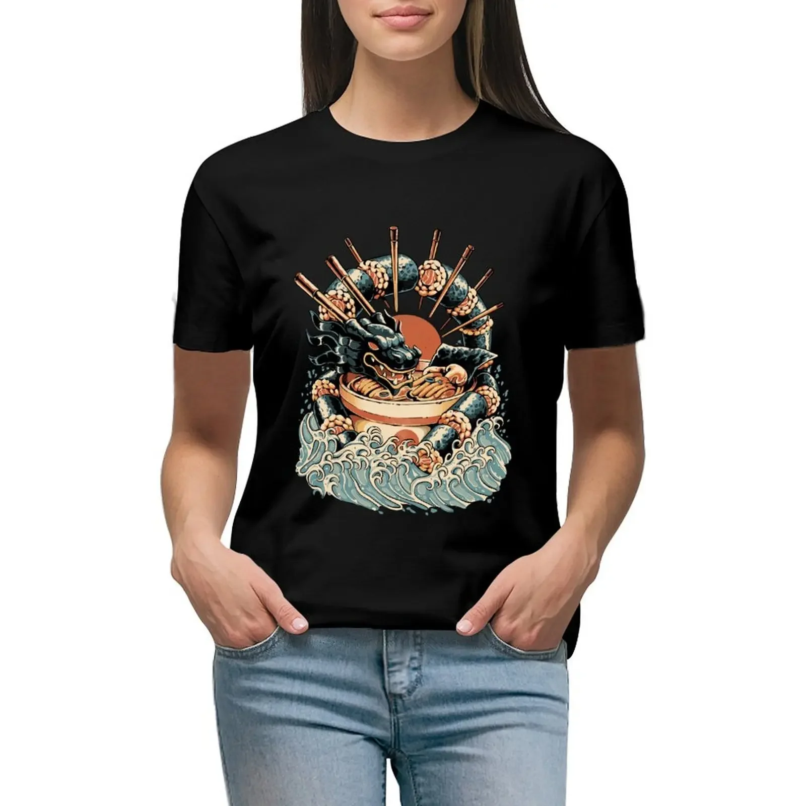 Dragon Sushi Ramen - Black Version T-Shirt customs design your own animal print shirt for girls anime t-shirts for Women pack