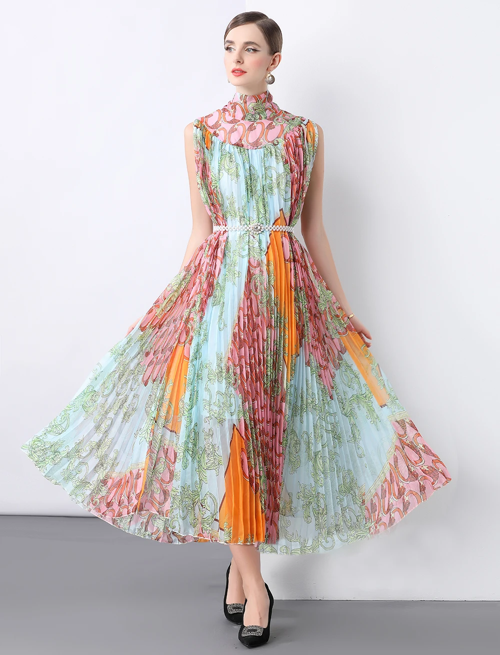 Robe ethnique élégante en mousseline de soie fluide, imprimé Floral, col Semi-haut, sans manches, pour femmes, amincissante, plissée, été, 2025
