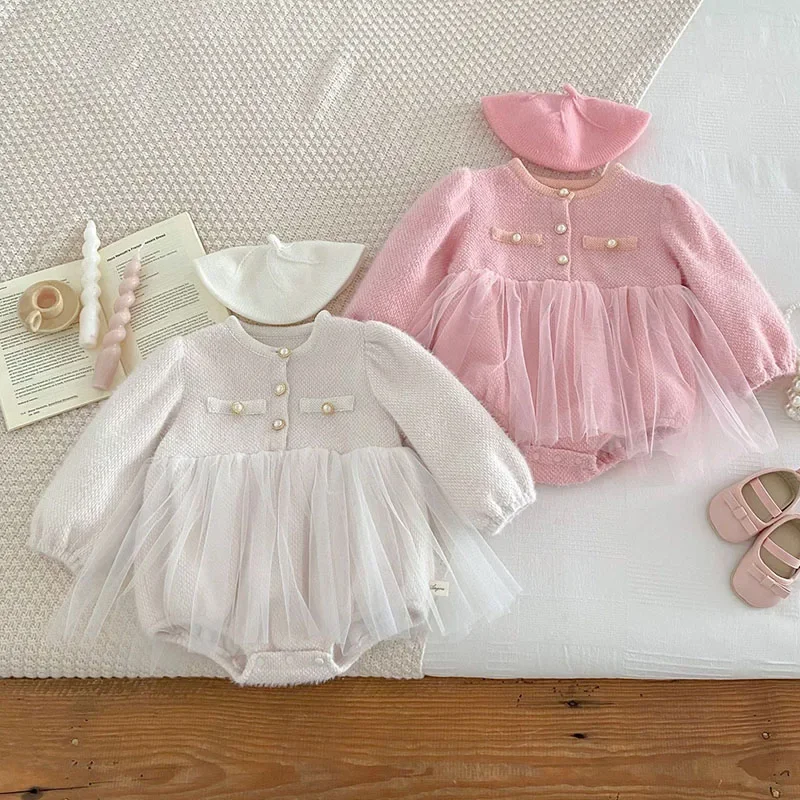 2024 New Autumn Newborn Baby Girls Bodysuits Long Sleeved Mesh Splicing Infant Baby Girls Jumpsuit Children Clothes