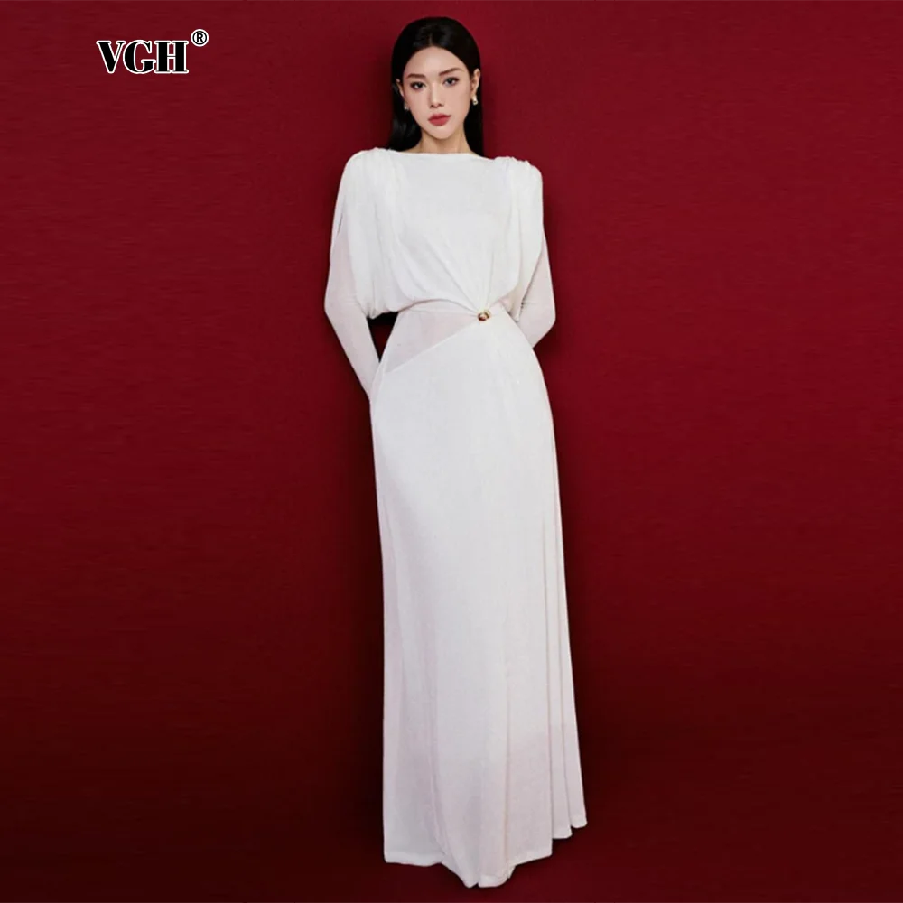 

VGH Solid Patchwork Metal Elegant Dresses For Women Round Neck Long Sleeve High Waist Ttemperamnet Slimming Dress Female Style