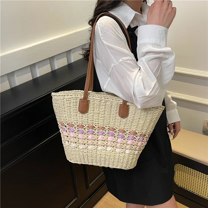 

​2025 Women's Woven Straw Bucket Tote Bag Large Capacity Anti-Theft Beach Commuter Shoulder Purse Eco-Friendly Underarm Bag​