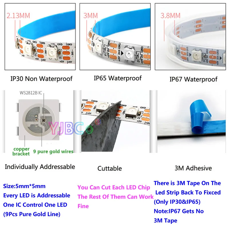 WS2812B WS2815 Individually Addressable 5050 RGB LED Strip 30/60/74/96/144 Leds/m Smart Pixels Full Color Tape Light IP30/65/67