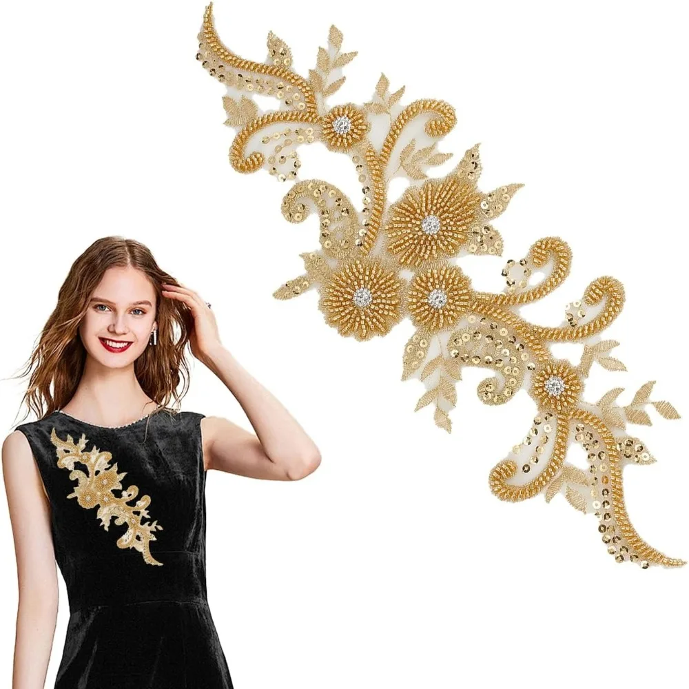 

Gold Sequins Pearl Lace Decal Embroidery Three-dimensional Flower Matching Handmade DIY Accessories Clothing Lace Accessories