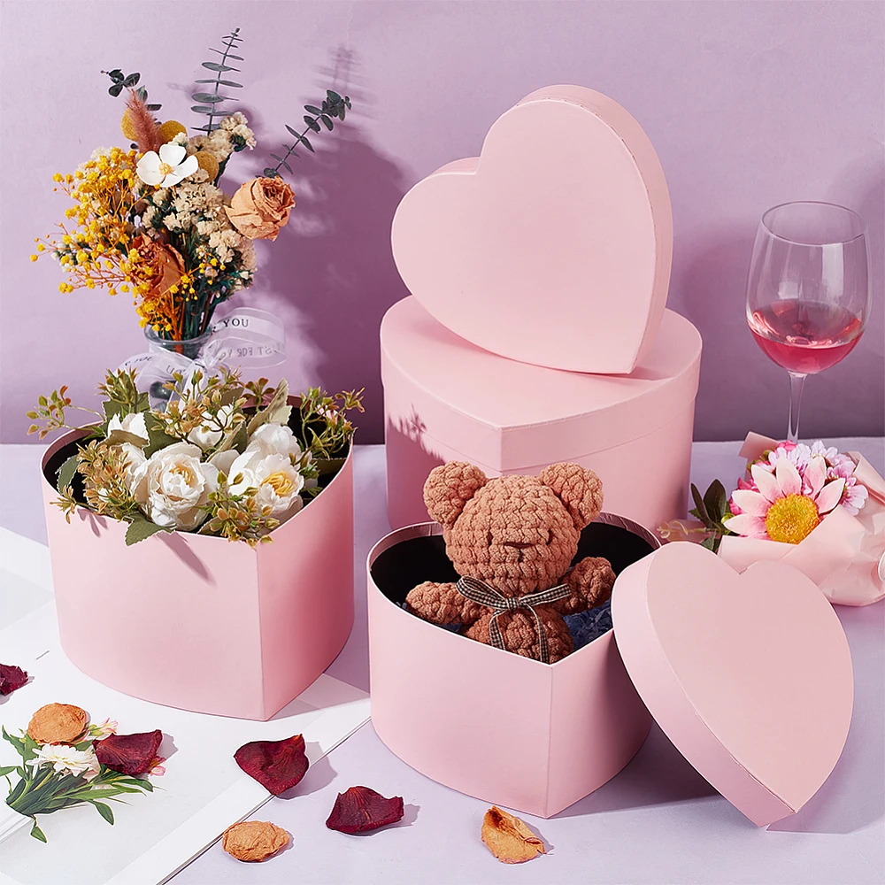3Pcs 3 Sizes Heart Shaped Boxes for Pink Floral with Cardboard Paper Present Decorative Box Heart Nesting Gift Box