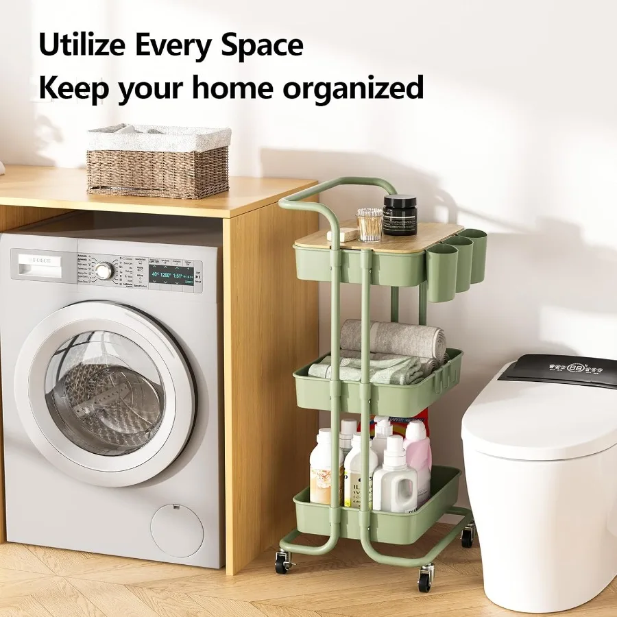 3 الطبقة عربة متحركة مع مقبض معدني سطح الطاولة أكواب معلقة السنانير سلات تخزين بلاستيكية عجلات قابلة للقفل عربة المرافق للخفافيش