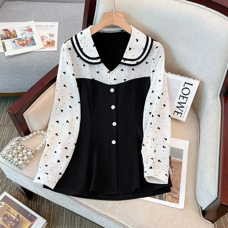 Women's Clothing Spring and Autumn New Style Temperament, Age Reducing Fake Two Piece Doll Collar Shirt Slimming Versatile Top