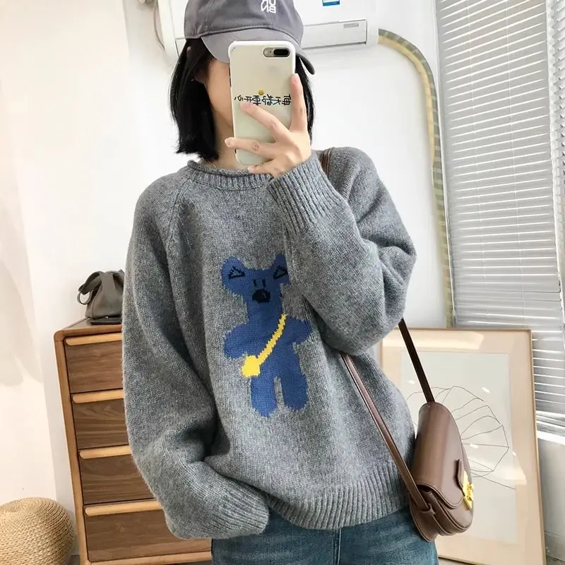 

Casual Cartoon Bear Oversize Women Pullovers Harajuku Sweaters Korean O Neck Sweet Y2k Sueter Mujer Knitted Preppy Style