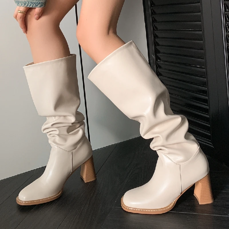 

Women Knee High Boots Leather High Heeled Autumn Winter Warm Western Woman Chelsea Boots Party Shoes Brand Designer