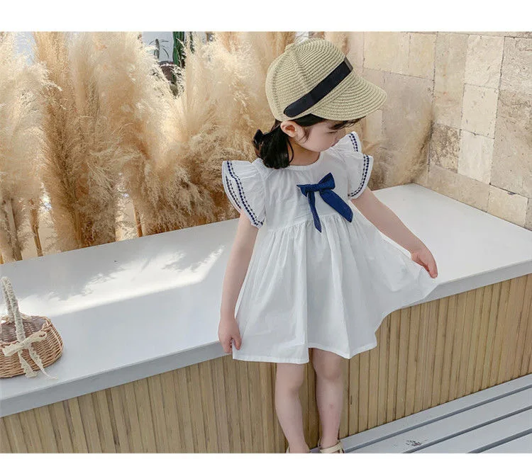 Girls Minimalist Solid Color Style A-line Summer Short Sleeve Dress With Bow Decoration Holiday Party Daily Casual Princess Wear