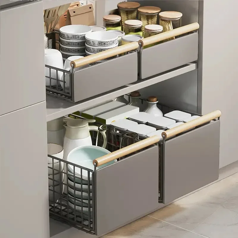 Metal Pull-Out Storage Basket, Slide-Out Cabinet Organizer, Spice and Cutlery Storage Multipurpose Kitchen Cabinet Organizer