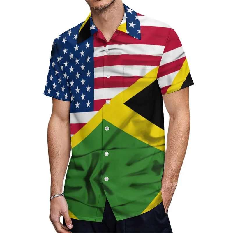 3D Printed Jamaican Flag Beach Shirts Men's Short Sleeved Casual Button Down Blouse Shirts Summer Oversized Tee Shirt For Men