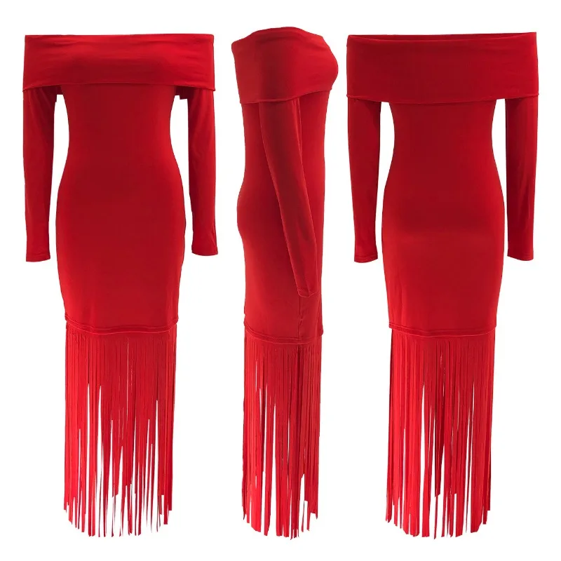 Sexy Off the Shoulder Slash Neck Bodycon Maxi Dress Women Elegant Long Sleeve Sheath Tassel Hem Prom Party Club Long Dresses