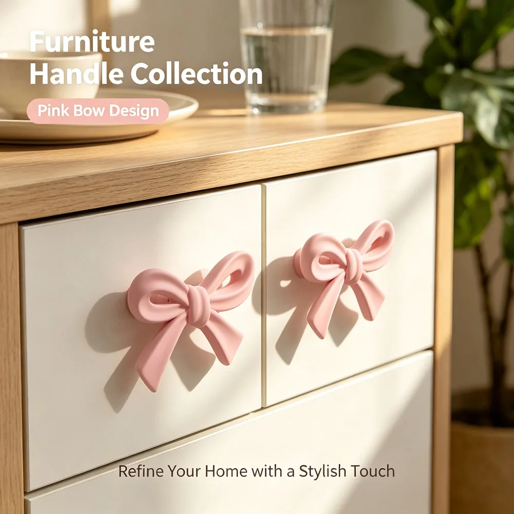 2/4/6/8pcs Fashion Pink Color Bow Drawer Handle Zinc Alloy Decor Cupboard Wardrobe Closet Pulls Furniture Handle DIY
