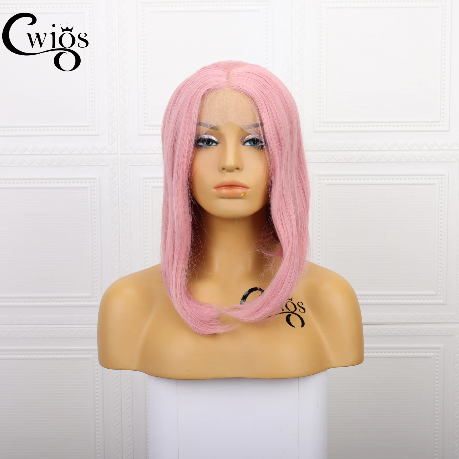 

13*3 pre-plucked natural hairline pink color 14inch bob futura heat resistant synthetic lace front wig for cosplay party