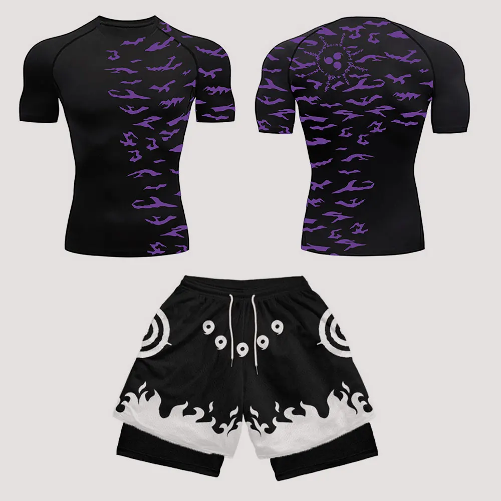 

Men's Workout Compression Set Anime Printed Gym Tshirts Breathable Running Shorts Quick Dry Sports Rash Guard Sportwear Set