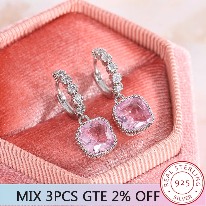 Stylish Pink Sparkle AAAA Zircon Women's Earrings Exquisite Party Jewelry Anniversary Gift 925 Silver Plated Jewelry