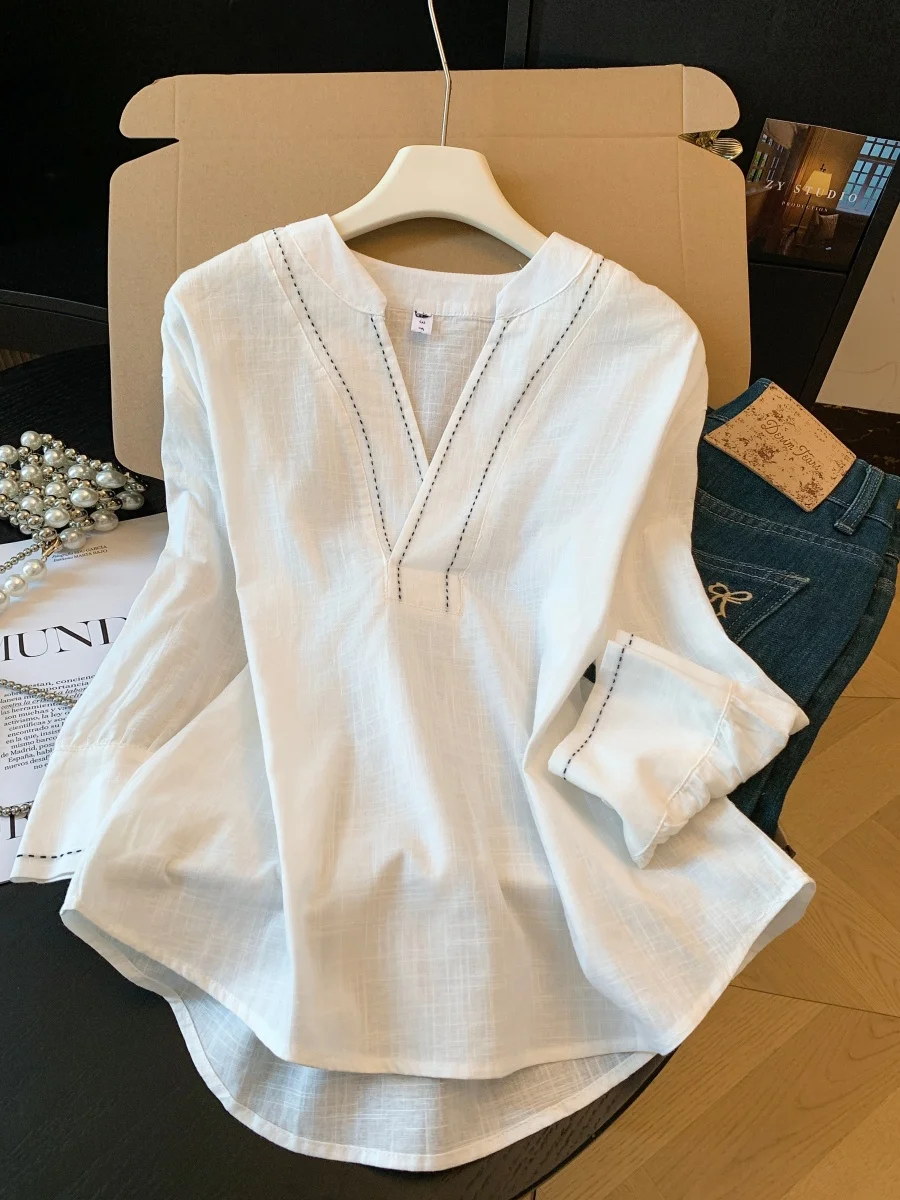 High-End Embroidered White Linen Shirt Women's Loose Long Sleeve Top V-Neck Autumn Base Layer Shirt Lazy Style Bottom Shirt