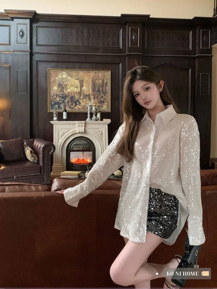 Sequin Super Trendy Women Party Outfits Tops Simple Turn-down Neck Single Breasted Loose Slimming All-match Shirt Blouse