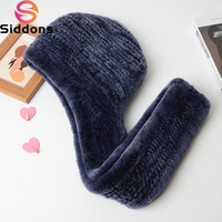 2025 New Winter Women Real Fur Hat+Scarves Female Knitted Natural Rex Rabbit Fur Hooded Scarves Warm Knit Genuine Fur Caps Scarf