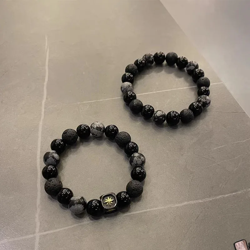 Mysterious Style Imitation Obsidian Beading Carving Six Star Imprint Bracelet Men Mature Men's Charming Jewelry Bracelet