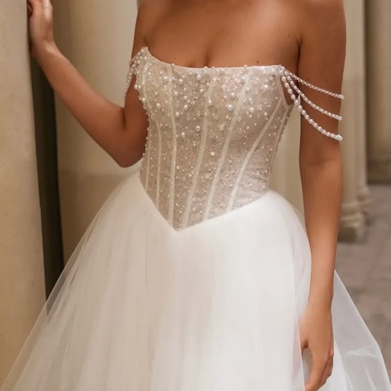 

simple ivory white beading Appliques Lace Wedding Dresses of A-line pearl Bridal Gowns Made Customized
