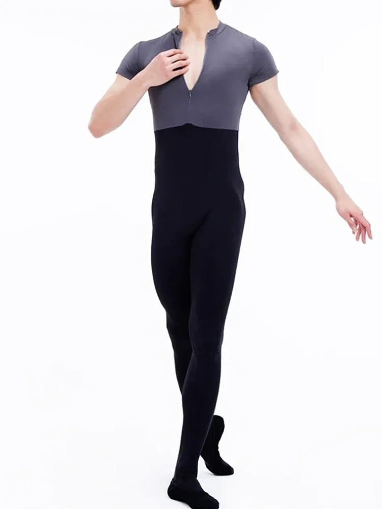 Men's Zip-front Biketard Full Body Footed Tight Cap Sleeve Dance Unitard Bodysuit Ballet Gym Leotards Dancewear Men's short slee