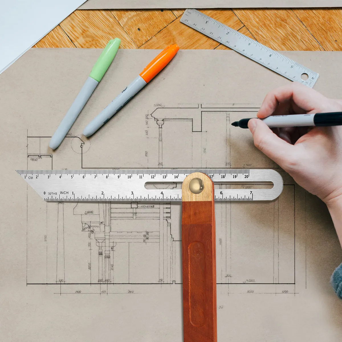 2 قطعة 9 بوصة شفرة فولاذية غير قابلة للصدأ مقبض خشب الورد انزلاق T-شطبة زاوية قياس أداة مسطرة قابلة للتعديل لقياس النجارة #5