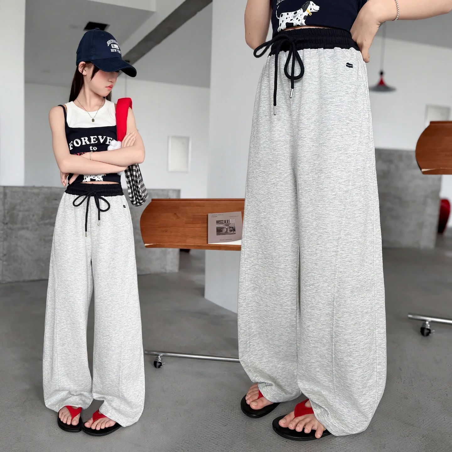 Summer Girls Sweatpant Pure Cotton Junior Loose Elastic Waist School Child Sporty Trousers Kids Sports Track Curved Pants