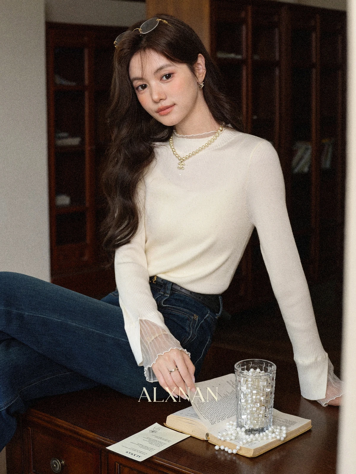 ALXNAN Plus Größe Off-white Gestrickte Pullover frauen Herbst Langarm Mesh Spleißen Pullover 2025, Elegante Casual Tops D57808