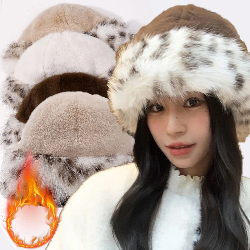 Women Fashion Fur Cap Plush Hat Autumn And Winter Fur Hats Mongolian Hats Brimless Plush Fluffy Skiing Riding Warm Bucket Caps