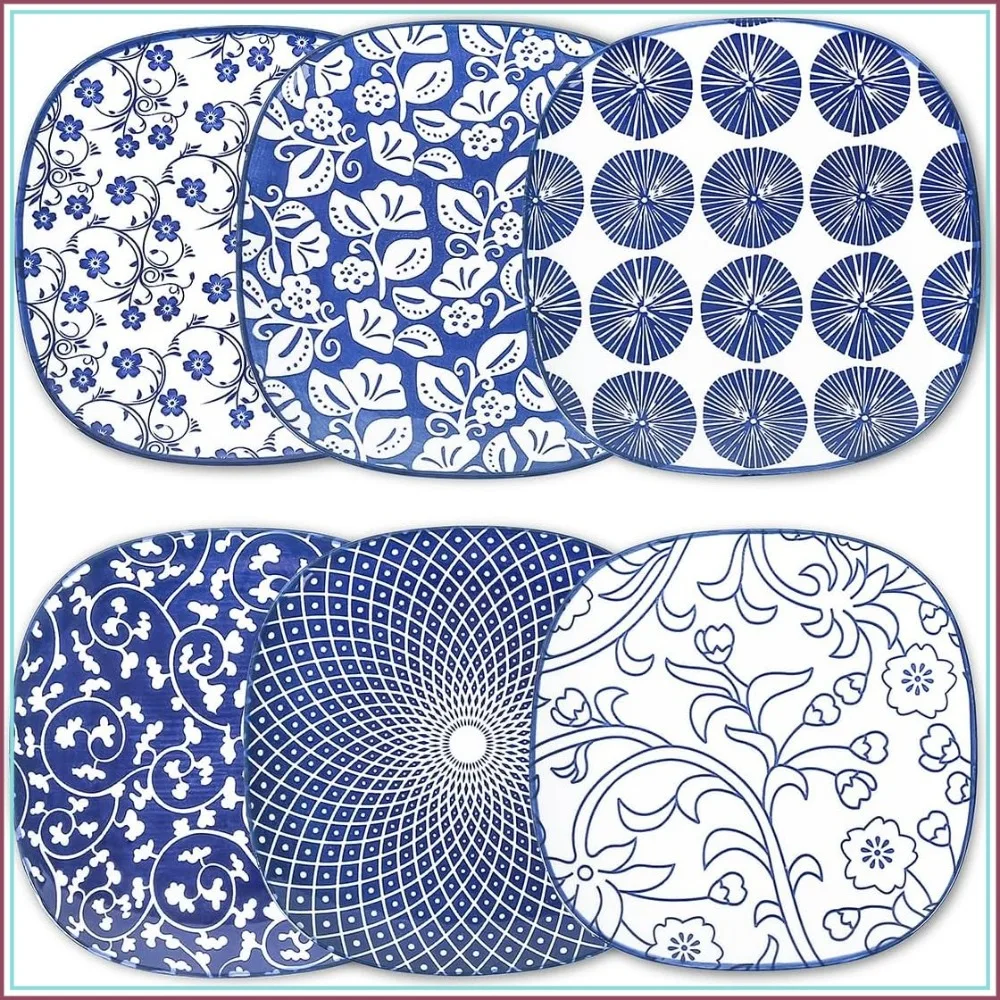 

Porcelain Small Plates 6 inch Set of 6 Vintage Blue for Dessert Appetizer Microwave Dishwasher Safe