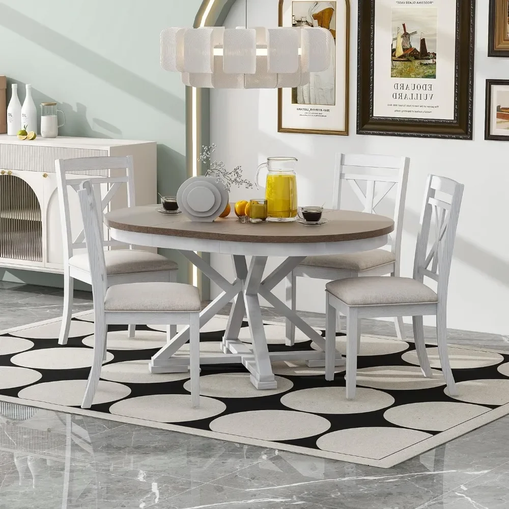 Dining Table Set 5-Piece with Round Table and 4 Upholstered Chairs, W/ 12'' Movable Leaf and Umbrella Bones Shaped Base