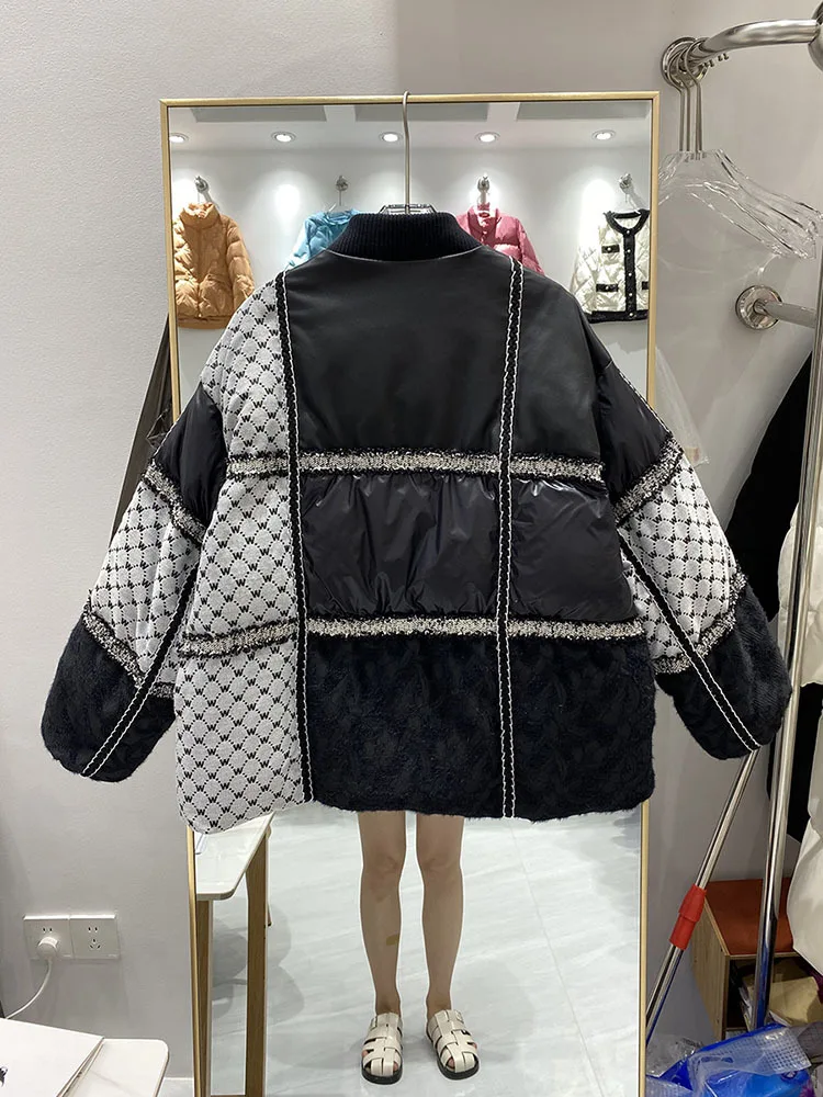 New Winter Puffer Jacket Women High Neck Patchwork Warm Stitching White Duck Down Thermal Bread Coats 2023