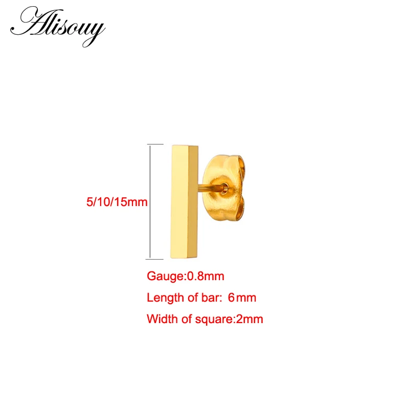 Alisouy 2PC 20g Minimalist Brief Gold Color Rose Gold Color Square Bar Stud Earrings For Women Femme Bijoux 5/10/15mm length bar