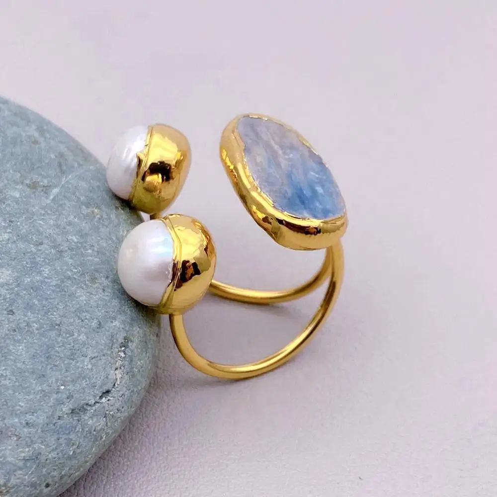 YYGEM الأحجار الكريمة الطبيعية النحاس الأبيض اللؤلؤ 15x22mm الأزرق الكيانيت خواتم الاصبع قابل للتعديل #4