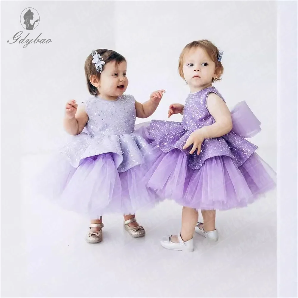 Luxury Girl Glitter Pearls Party Dresses Tulle Bow Puffy Flower Girl Dresses Short For Weddings Prom Photography Photo
