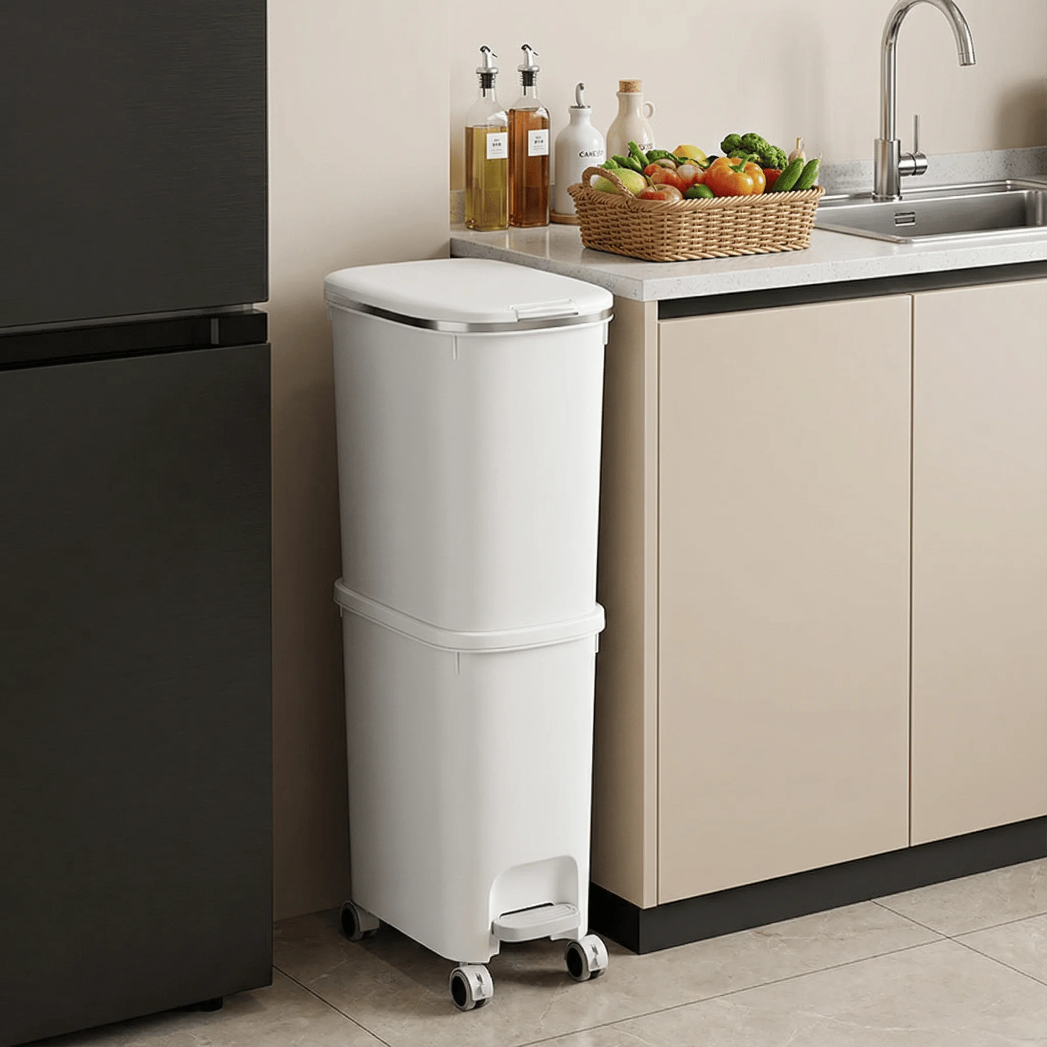 

Мусорное ведро для кухни с педалью, большой емкости, на колесах, для разделения влажного и сухого мусора, для домашнего использования