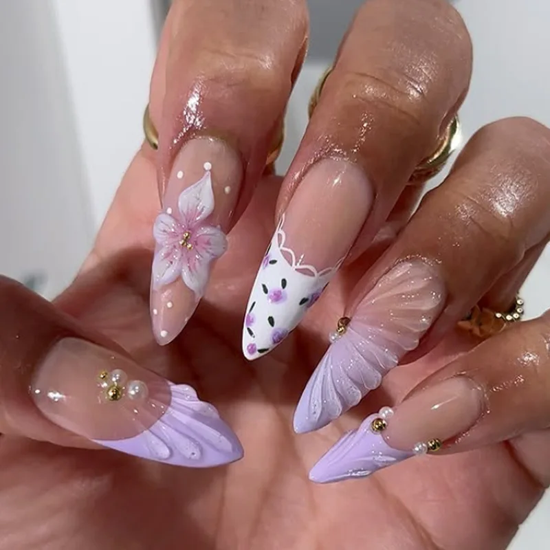 

24pcs Flower Full Cover Nail Woman Gradient Purple Tips Long Almond Press on Fake Nails with Pearl Polka Dot Design False Nails