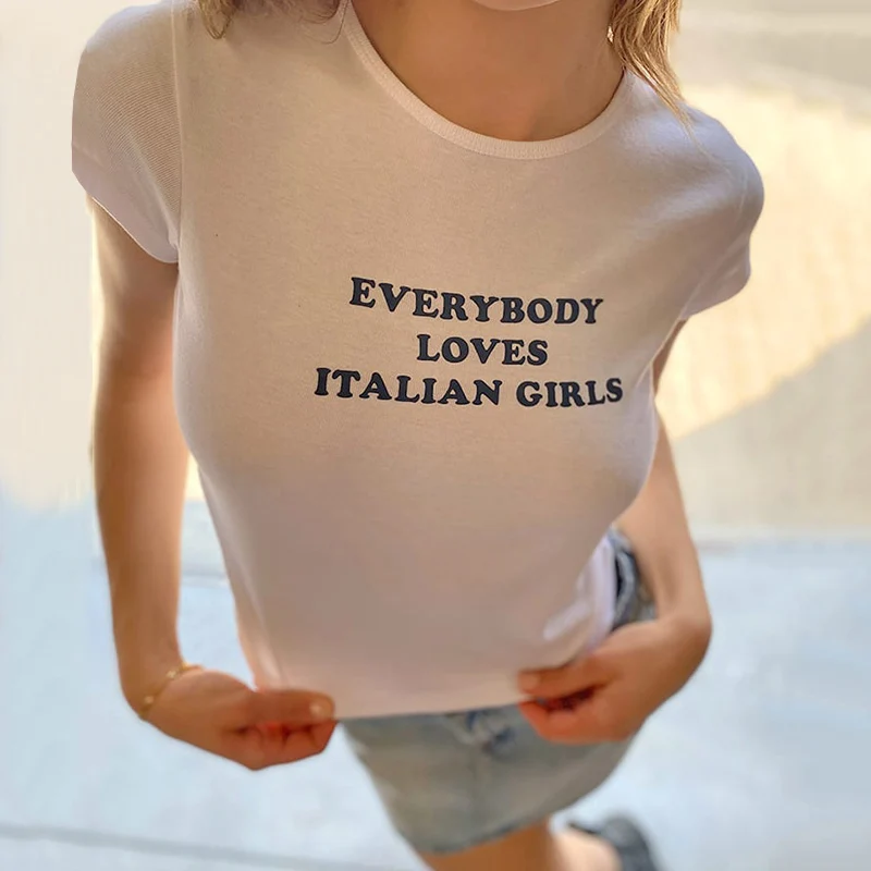 New Women's Everybody Loves Italy Girl Print T-shirt Summer Harajuku Y2K Baby Tees Kawaii Short Tees Short Sleeve Skinny Tops